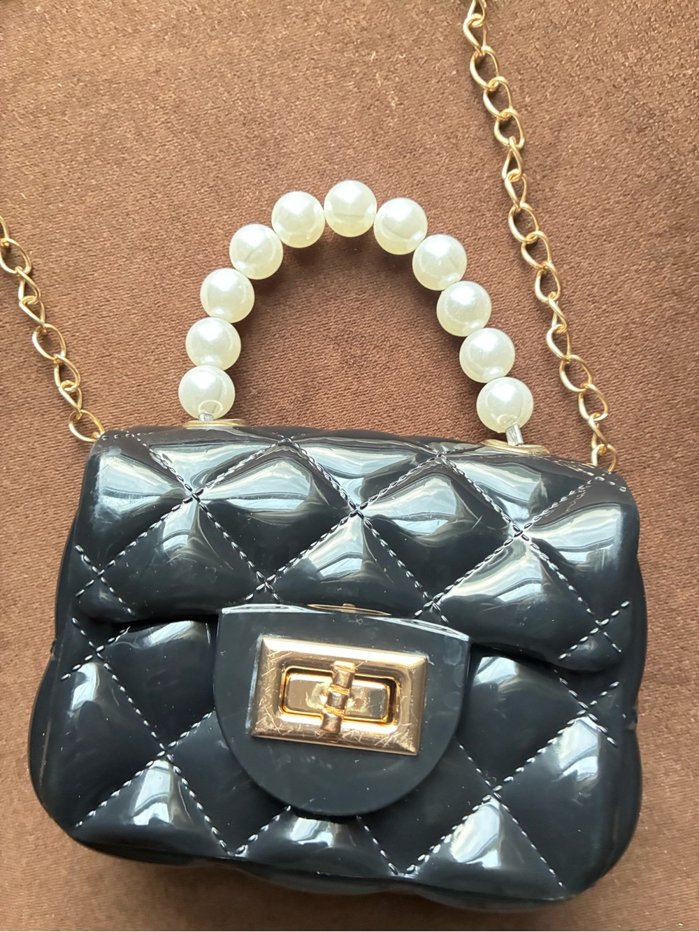 Black Quilted Mini Crossbody with Pearl Top Handle